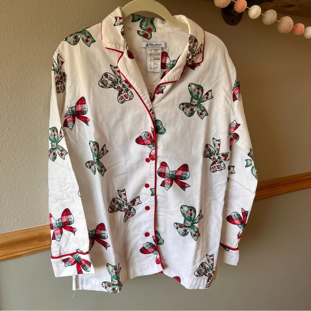 Disney Parks Christmas Flannel Pajama Set with Green and Red Holiday Bows - Picture 2 of 12